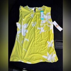 Calvin Klein- Yellow Floral Sleeveless Pleat Neck Knit Cami